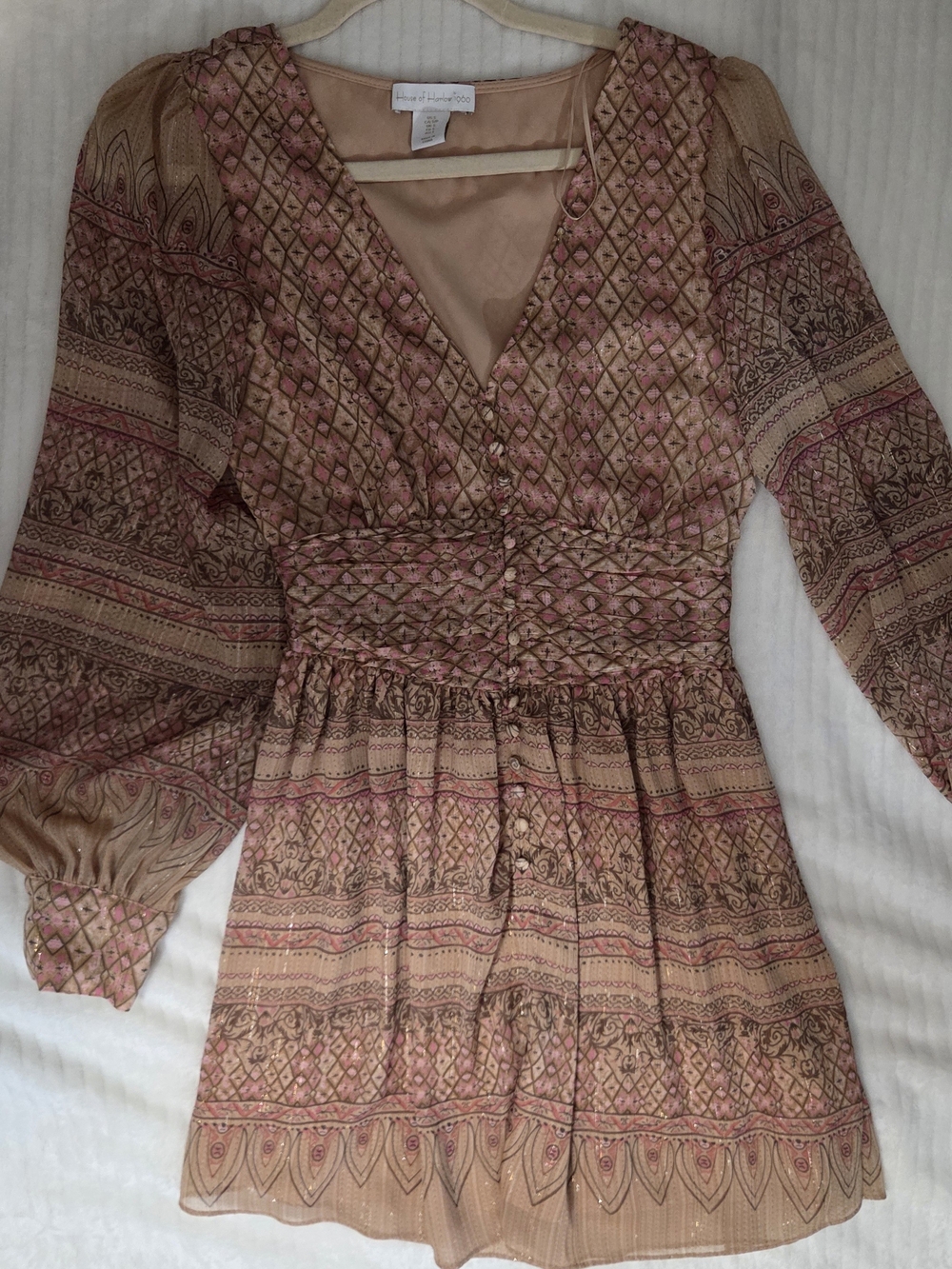 House of Harlow 1960 Pink Tan Printed V-Neck Boho Dress S